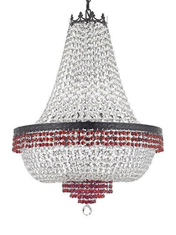 French Empire Crystal Chandelier Chandeliers Lighting Trimmed with Ruby Red Crystal With Dark Antique Finish! H36" X W30" Good for Dining Room, Foyer, Entryway, Family Room and More! - A500-B75/CB/870/14