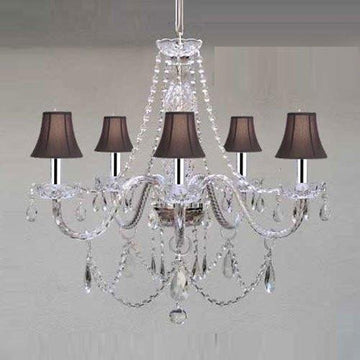 Swarovski Crystal Trimmed Chandelier! Murano Venetian Style Chandelier Lighting & Black Shades w/Chrome Sleeves! W24" X H25" - A46-B43/BLACKSHADES/380/5SW GTC