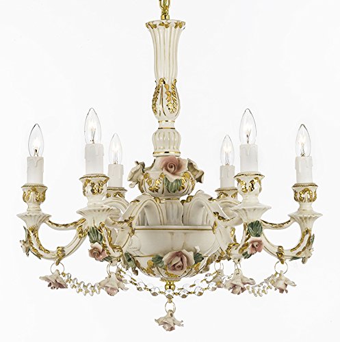 Authentic Capodimonte Porcelain Chandelier Lighting Cottage Chic Made in Italy, 24K Gold Trimmed w/ Roses & Flowers Trimmed with Spectra Crystal - Reliable Crystal Quality By Swarovski - GB102-B52/435/6SW