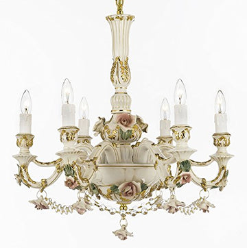Authentic Capodimonte Porcelain Chandelier Lighting Cottage Chic Made in Italy, 24K Gold Trimmed w/ Roses & Flowers Trimmed with Spectra Crystal - Reliable Crystal Quality By Swarovski - GB102-B52/435/6SW