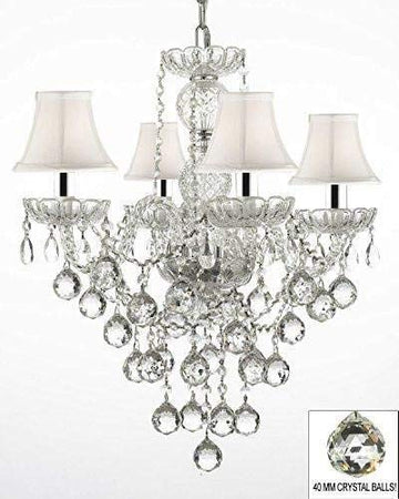 Swarovski Crystal Trimmed Chandelier! Authentic All Crystal Chandelier Chandeliers Lighting W/ 40MM Crystal Balls and with White Shades w/Chrome Sleeves! H22" X W17" - J10-B43/WHITESHADES/B6/3/26098/4 SW