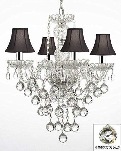 Authentic All Crystal Chandelier Chandeliers Lighting W/ 40mm Crystal Balls and with Black Shades w/Chrome Sleeves! H22" x W17" - J10-B43/BLACKSHADES/B6/3/26098/4