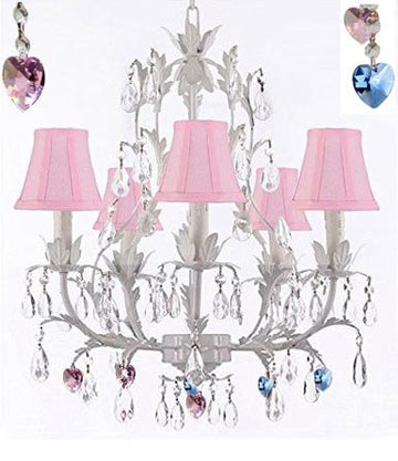 White Wrought Iron Floral Chandelier Lighting W/ Blue And Pink Hearts And Shades - J10-Sc/Pinkshade/B85/B21/White/26016/5
