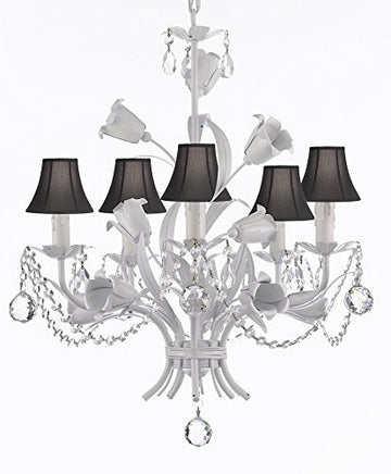White Wrought Iron Floral Chandelier Empress Crystal (Tm) Flower Chandeliers Lighting H23" X W19" With Black Shades - J10-Sc/Blackshade/B6/B52/White/325/5