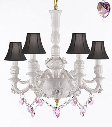 Authentic Capodimonte White Porcelain Chandelier Lighting Chandeliers Made in Italy, Good for Dining Room, Kids & Girls Bedrooms w/ Roses & Flowers Speciality item, W/ Pink Hearts Crystals and Black Shades - GB102-SC/BLACKSHADE/B52/B21/WHITE/435/6