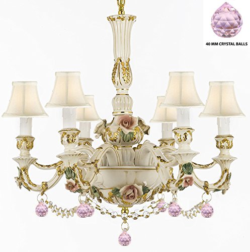 Authentic Capodimonte Porcelain Chandelier Lighting Chandeliers Made in Italy, Trimmed w/ Roses & Flowers Dressed w/ Crystals and Balls With White Shades - GB102-SC/WHITESHADE/B52/B76/435/6