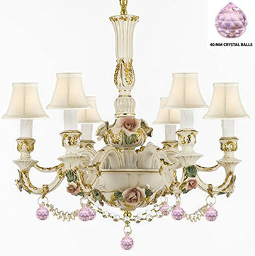 Authentic Capodimonte Porcelain Chandelier Lighting Chandeliers Made in Italy, Trimmed w/ Roses & Flowers Dressed w/ Crystals and Balls With White Shades - GB102-SC/WHITESHADE/B52/B76/435/6
