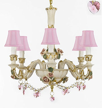 Authentic Capodimonte Porcelain Chandelier Lighting Chandeliers Cottage Chic Made in Italy, 24K Gold Trimmed w/ Roses & Flowers Dressed w/ Pink Hearts Crystals With Pink Shades - GB102-SC/PINKSHADES/B52/B23/435/6