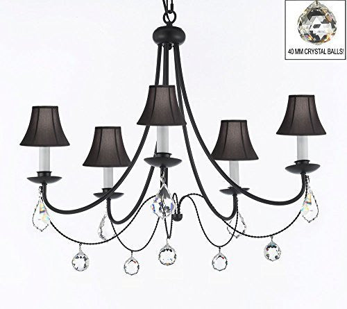 Empress Crystal (Tm) Wrought Iron Chandelier Lighting H.22.5" X W.26" With Black Shades And Crystal Balls - J10-Sc/Blackshades/B7/B6/26031/5