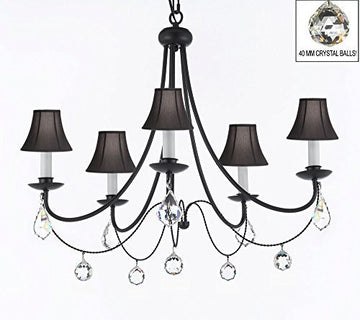 Empress Crystal (Tm) Wrought Iron Chandelier Lighting H.22.5" X W.26" With Black Shades And Crystal Balls - J10-Sc/Blackshades/B7/B6/26031/5