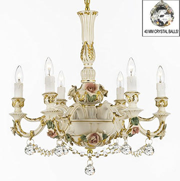 Authentic Capodimonte Porcelain Lighting Chandeliers Cottage Chic Made in Italy, Good for Dining Room, Kids & Girls Bedrooms 24K Gold Trimmed w/ Roses & Flowers Dressed w/ Crystals and Crystal Balls - GB102-B52/B6/435/6