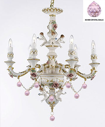 Authentic Capodimonte Porcelain Chandelier Lighting Chandeliers w/ Cherub Angels W/ Pink Balls Made in Italy Trimmed w/ Roses & Flowers-Limited Stock Available - GB102-B76/B52/119/6