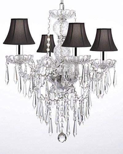 Authentic All Crystal Chandelier Chandeliers Lighting W/Crystal Icicles! and - with Shades & w/Chrome Sleeves! H22" x W17" - J10-B43/BLACKSHADES/B27/3/26098/4