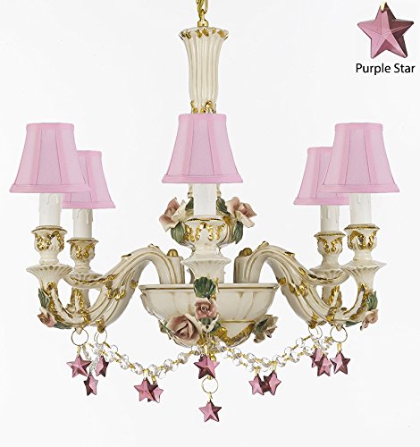 Authentic Capodimonte Porcelain Chandelier Lighting Chandeliers Cottage Chic Made in Italy, 24K Gold Trimmed w/ Roses & Flowers Dressed w/ Purple Stars Crystals With Pink Shades - GB102-SC/PINKSHADES/B52/B51/435/6