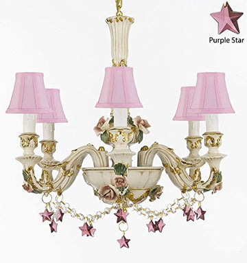 Authentic Capodimonte Porcelain Chandelier Lighting Chandeliers Cottage Chic Made in Italy, 24K Gold Trimmed w/ Roses & Flowers Dressed w/ Purple Stars Crystals With Pink Shades - GB102-SC/PINKSHADES/B52/B51/435/6