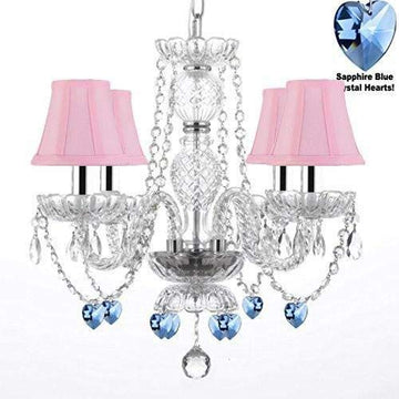 Swarovski Crystal Trimmed Chandelier Chandelier Lighting W/Crystal Blue Shades & Hearts with Pink Shades w/Chrome Sleeves! - J10-B43/B15/B85/PINKSHADES/26098/4SW