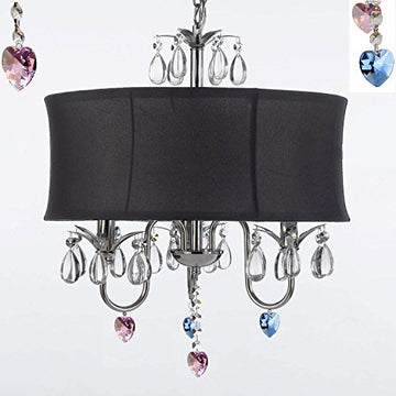 Crystal Chandelier Chandeliers With Large Black Shade And Blue And Pink Crystal Hearts W18" H 22" - Perfect For Kids' And Girls Bedrooms - J10-B85/B21/Black/26032/3