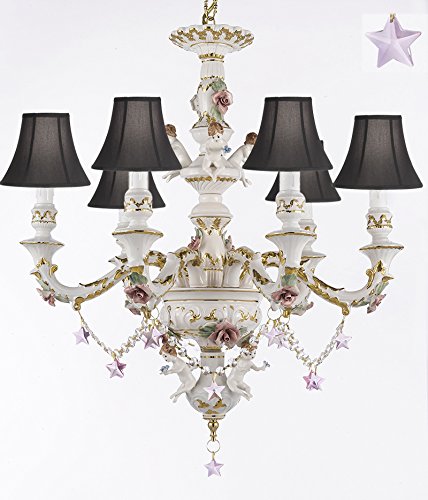 Authentic Capodimonte Porcelain Chandelier Lighting w/ Cherub Angels W/ Pink Stars W/ Black Shades Made in Italy Good for Dining Room, Kids & Girls Bedrooms Trimmed w/ Roses & Flowers - GB102-SC/BLACKSHADES/B38/119/6