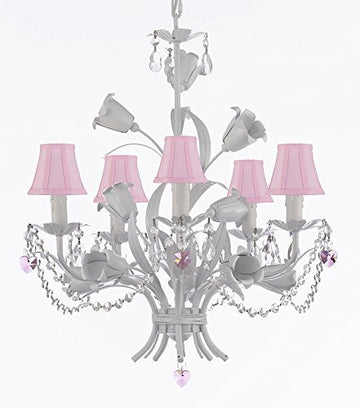 White Wrought Iron Floral Chandelier Empress Crystal (Tm) Flower Chandeliers Lighting H23" X W19" With Pink Shades -J10-Sc/Pinkshade/B21/B52/White/325/5