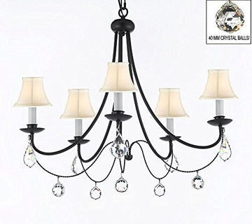 Empress Crystal (Tm) Wrought Iron Chandelier Lighting H.22.5" X W.26" With White Shades And Crystal Balls Swag Plug In-Chandelier W/ 14' Feet Of Hanging Chain And Wire - J10-B16/Sc/Whiteshades/B7/B6/26031/5