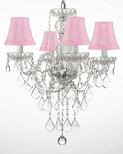 New Authentic All Crystal Chandelier Lighting With Pink Shades H22" X W17" - J10-Pinkshades/3/26098/4