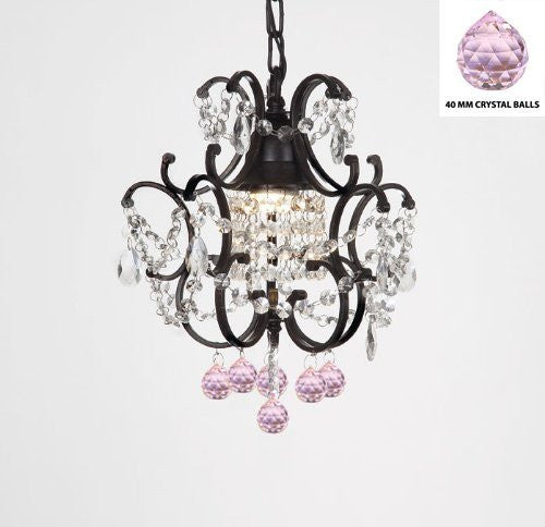 Wrought Iron Crystal Mini Chandelier W/ Pink Crystal Balls H14" X W11" - J10-B76/26030/1