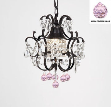 Wrought Iron Crystal Mini Chandelier W/ Pink Crystal Balls H14" X W11" - J10-B76/26030/1