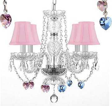 Swarovski Crystal Trimmed Chandelier Chandelier Lighting W/ Crystal Blue And Pink Hearts With Pink Shades - J10-B15/B85/B21/Pinkshades/26098/4Sw