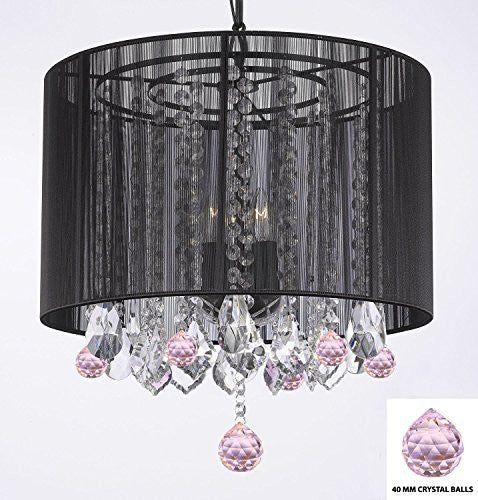 Crystal Chandelier Chandeliers With Large Black Shade And Pink Crystal Balls H15" X W15" - Perfect For Kids' And Girls Bedrooms - G7-B76/Black/Sm/26029/3