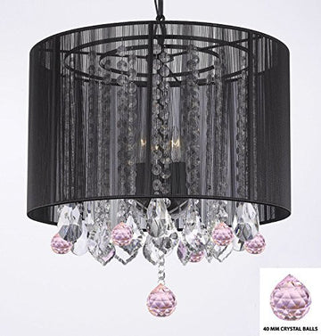 Crystal Chandelier Chandeliers With Large Black Shade And Pink Crystal Balls H15" X W15" - Perfect For Kids' And Girls Bedrooms - G7-B76/Black/Sm/26029/3