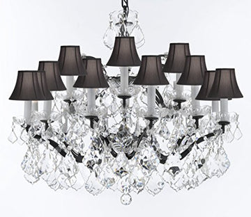 Swarovski Crystal Trimmed 19th C. Baroque Iron & Crystal Chandelier Lighting H 22" x W 30"-Dressed w/Large, Luxe Crystals! Good for Dining room, Foyer, Entryway, Living Room, Bedroom! w/ Black Shades - G93-BLACKSHADES/B62/B89/995/18SW