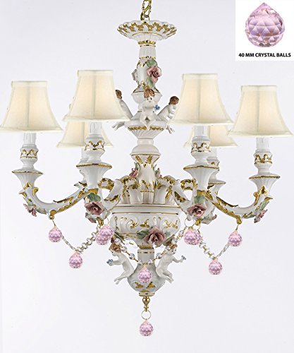 Authentic Capodimonte Porcelain Chandelier Lighting Chandeliers w/ Cherub Angels W/ Pink Balls w/ white Shades Made in Italy Trimmed w/ Roses & Flowers-Limited Stock Available - GB102-SC/WHITESHADES/B76/119/6