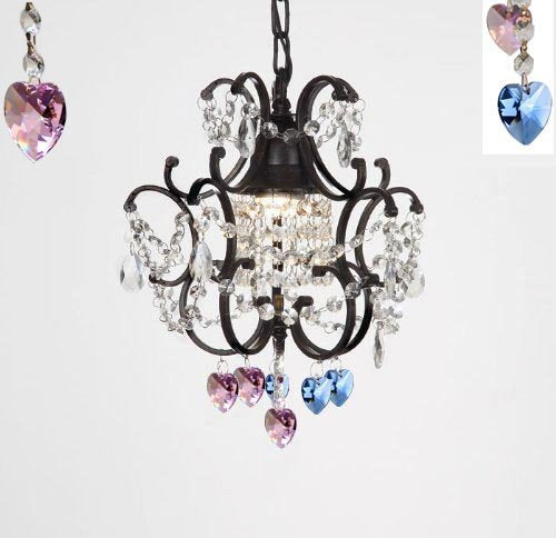 Wrought Iron Crystal Mini Chandelier W/ Blue And Pink Crystal Hearts H14" X W11" - J10-B85/B21/26030/1