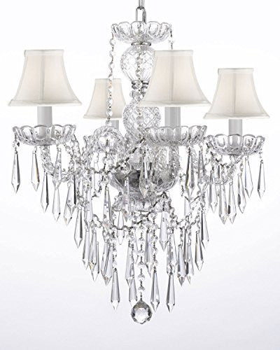 New Authentic All Crystal Chandelier Lighting W/ Crystal Icicles And - With Shades H22" X W17" - J10-Whiteshades/B27/3/26098/4