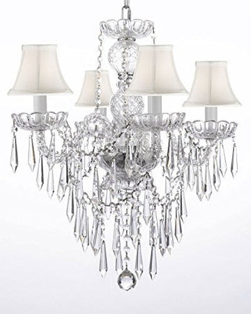 New Authentic All Crystal Chandelier Lighting W/ Crystal Icicles And - With Shades H22" X W17" - J10-Whiteshades/B27/3/26098/4