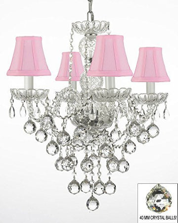 New Authentic All Crystal Chandelier Lighting W/ 40Mm Crystal Balls And With Pink Shades H22" X W17" - J10-Pinkshades/B6/3/26098/4