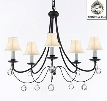Empress Crystal (Tm) Wrought Iron Chandelier Lighting H.22.5" X W.26" With White Shades And Crystal Balls - J10-Sc/Whiteshades/B6/26031/5