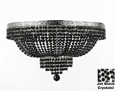 French Empire Semi Flush Crystal Chandelier Lighting - Dressed With Jet Black Color Crystals H21" X W30" - A500-B80/Flush/Cs/870/14