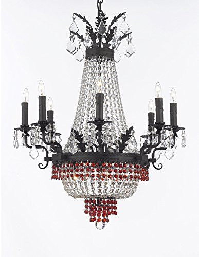 French Empire Crystal Chandelier Chandeliers Lighting 25X32 12 Lights With Dark Antique Finish And Red Crystal Beads - F93-B88/B75/1284/8+4