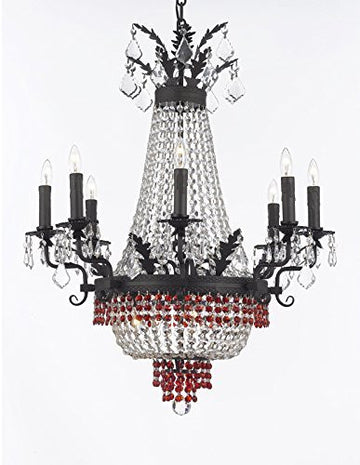French Empire Crystal Chandelier Chandeliers Lighting 25X32 12 Lights With Dark Antique Finish And Red Crystal Beads - F93-B88/B75/1284/8+4
