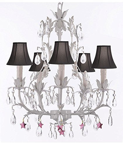 White Wrought Iron Floral Chandelier Lighting W/ Purple Stars And Shades - J10-Sc/Blackshade/B51/White/26016/5