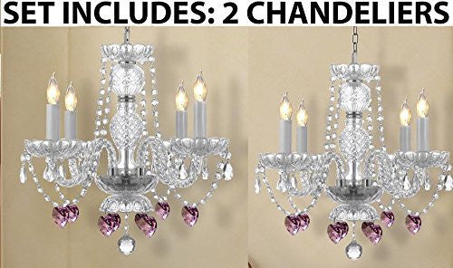 Set Of 2 - Chandeliers Lighting W/ Crystal Pink Hearts H 17 - 2Ea J10-B21/26098/4