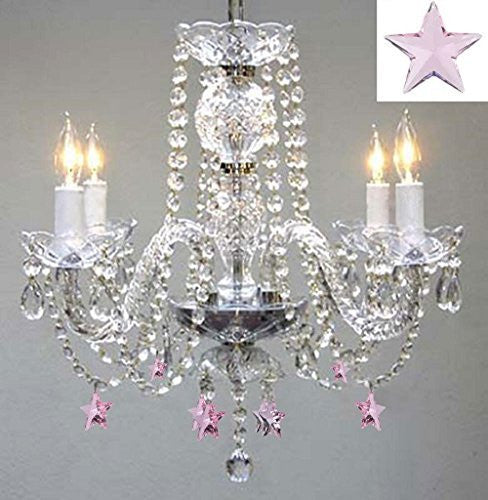 Empress Crystal(Tm) Chandelier Lighting W/ Pink Crystal Stars H 17" W17" - Nursery Kids Girls Bedrooms Kitchen Etc - J10-B38/26098/4