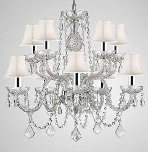 Crystal Chandelier Chandeliers Lighting with White Shades w/Chrome Sleeves H 25" X W 24" - G46-B43/WHITESHADES/CS/1122/5+5
