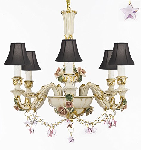 Authentic Capodimonte Porcelain Chandelier Lighting Chandeliers Cottage Chic Made in Italy, 24K Gold Trimmed w/ Roses & Flowers Dressed w/ Pink Stars Crystals With Black Shades - GB102-SC/BLACKSHADES/B52/B38/435/6