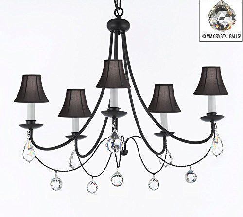 Empress Crystal (Tm) Wrought Iron Chandelier Lighting H.22.5" X W.26" With Black Shades And Crystal Balls Swag Plug In-Chandelier W/ 14' Feet Of Hanging Chain And Wire - J10-B16/Sc/Blackshades/B7/B6/26031/5