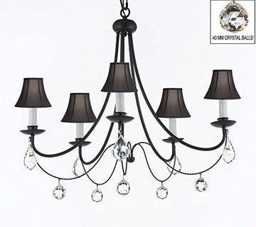 Empress Crystal (Tm) Wrought Iron Chandelier Lighting H.22.5" X W.26" With Black Shades And Crystal Balls Swag Plug In-Chandelier W/ 14' Feet Of Hanging Chain And Wire - J10-B16/Sc/Blackshades/B7/B6/26031/5