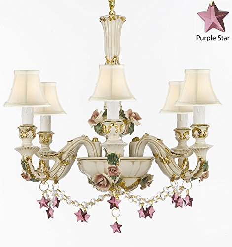 Authentic Capodimonte Porcelain Chandelier Lighting Chandeliers Cottage Chic Made in Italy, 24K Gold Trimmed w/ Roses & Flowers Dressed w/ Purple Stars Crystals With White Shades - GB102-SC/WHITESHADES/B52/B51/435/6