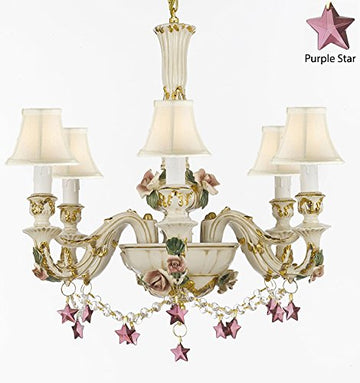 Authentic Capodimonte Porcelain Chandelier Lighting Chandeliers Cottage Chic Made in Italy, 24K Gold Trimmed w/ Roses & Flowers Dressed w/ Purple Stars Crystals With White Shades - GB102-SC/WHITESHADES/B52/B51/435/6