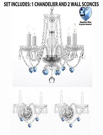 Three Piece Lighting Set - Crystal Chandelier And 2 Wall Sconces W/ Blue Crystal Hearts - 1Ea-B85/26098/4 + 2Ea-B85/2/386